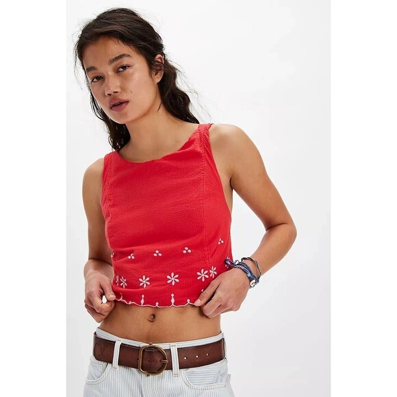 Free People Kayla Solid Embroidered Cropped Blouse Top Floral Cotton XS 278941 - Picture 2 of 8